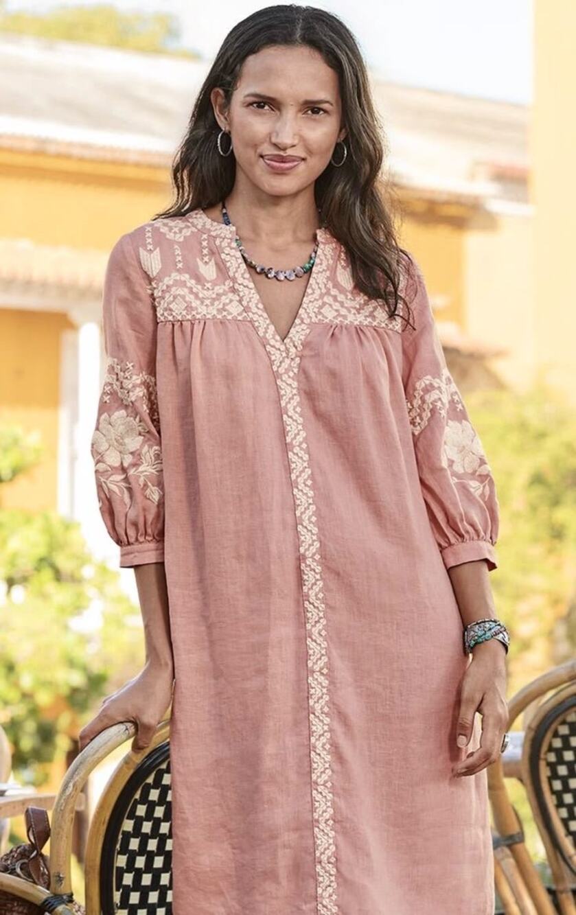 Sundance Pink White Embroidered Dress Shift Amina 100% Linen M Dusty Rose‎